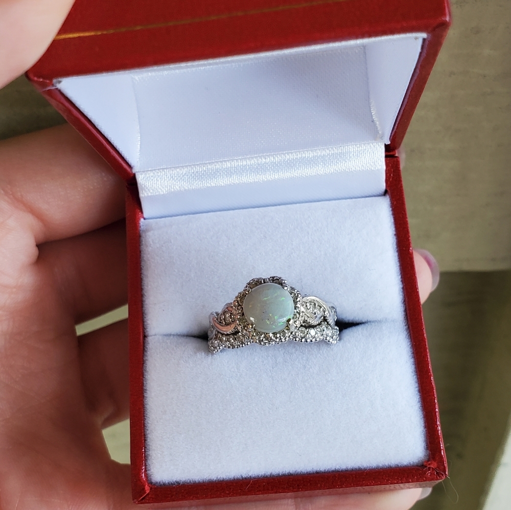 Opal Engagement Ring And Wedding Band Bridal Set 14k White Gold (Soldered)